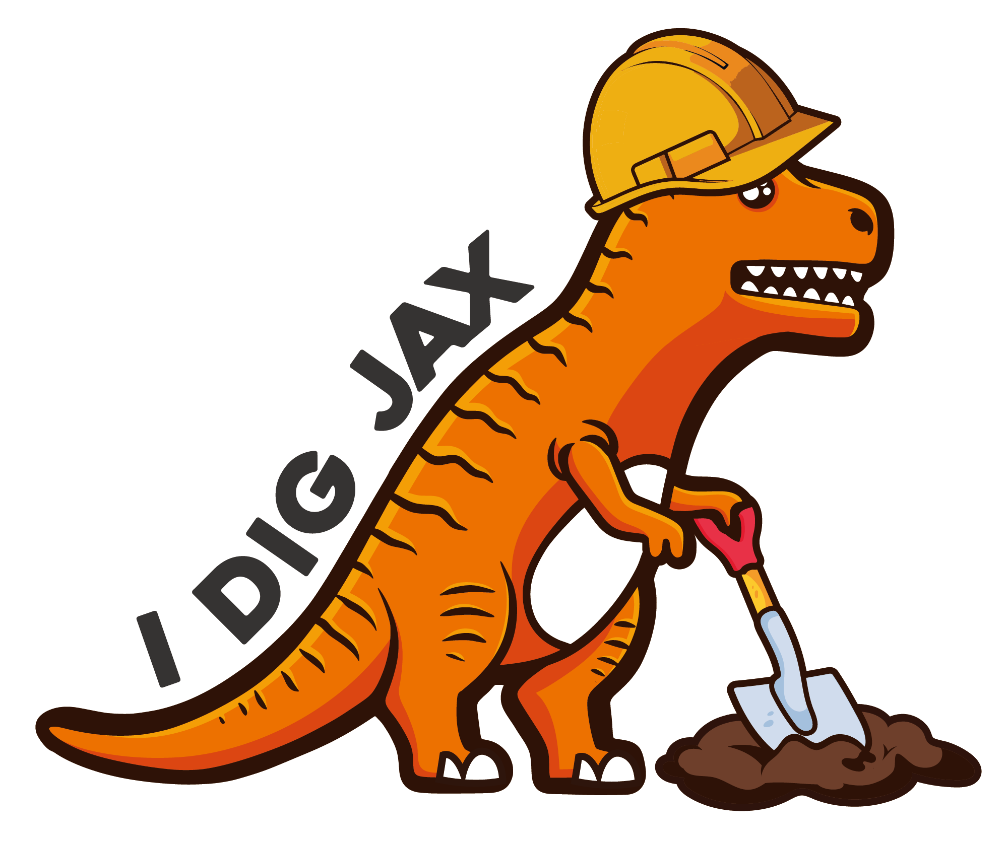 I Dig Jax Rexie Illustration wearing hard hat and holding shovel I Dig Jax Rexie Illustration wearing hard hat and holding shovel