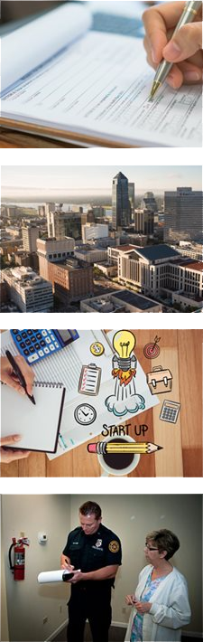 Four Images Showcasing Various BID related aspects such as buildings, paperwork, working in an office, and planning the layout of a building