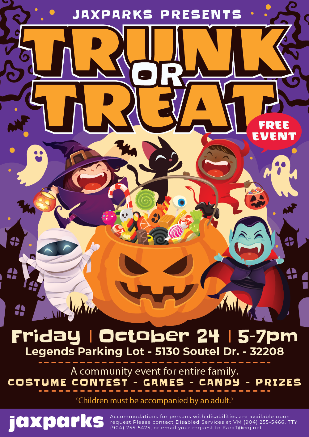 purple and black background with carved pumpkin and caricatures in costumes