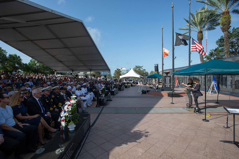 Mayor Deegan speaking at Memorial Day 2026 service with many people in attendance  