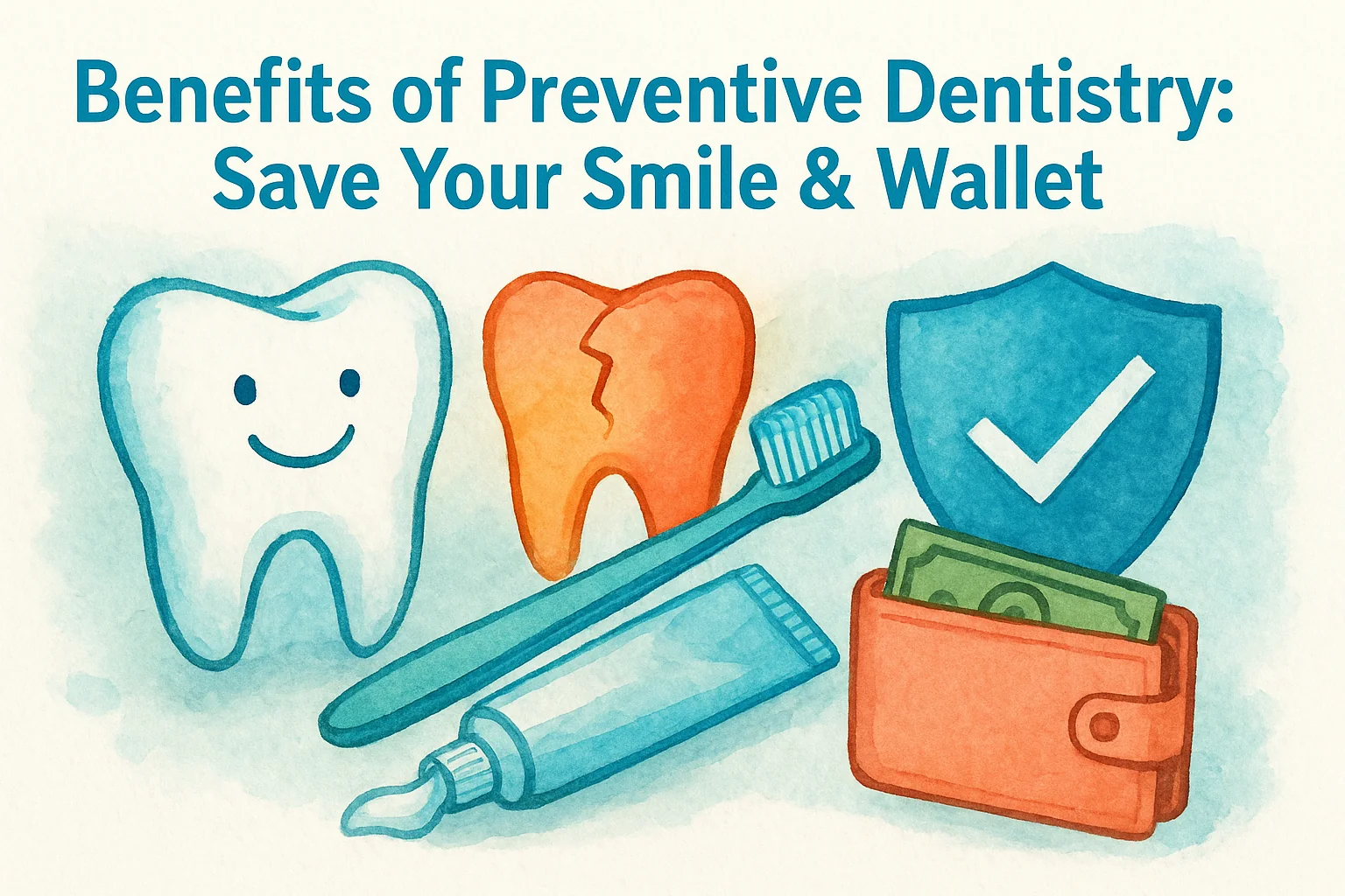 picture of a health tooth, toothbrush and toothpaste, wallet showing a bill 