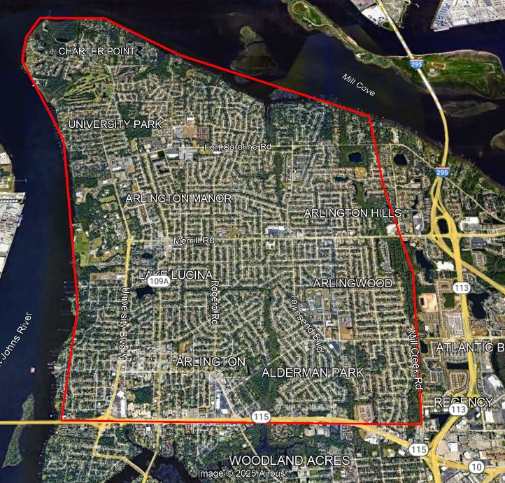 Arlington spray area, south from Charter Point to the Arlington expressway and bordering Mill Creek rd on the east