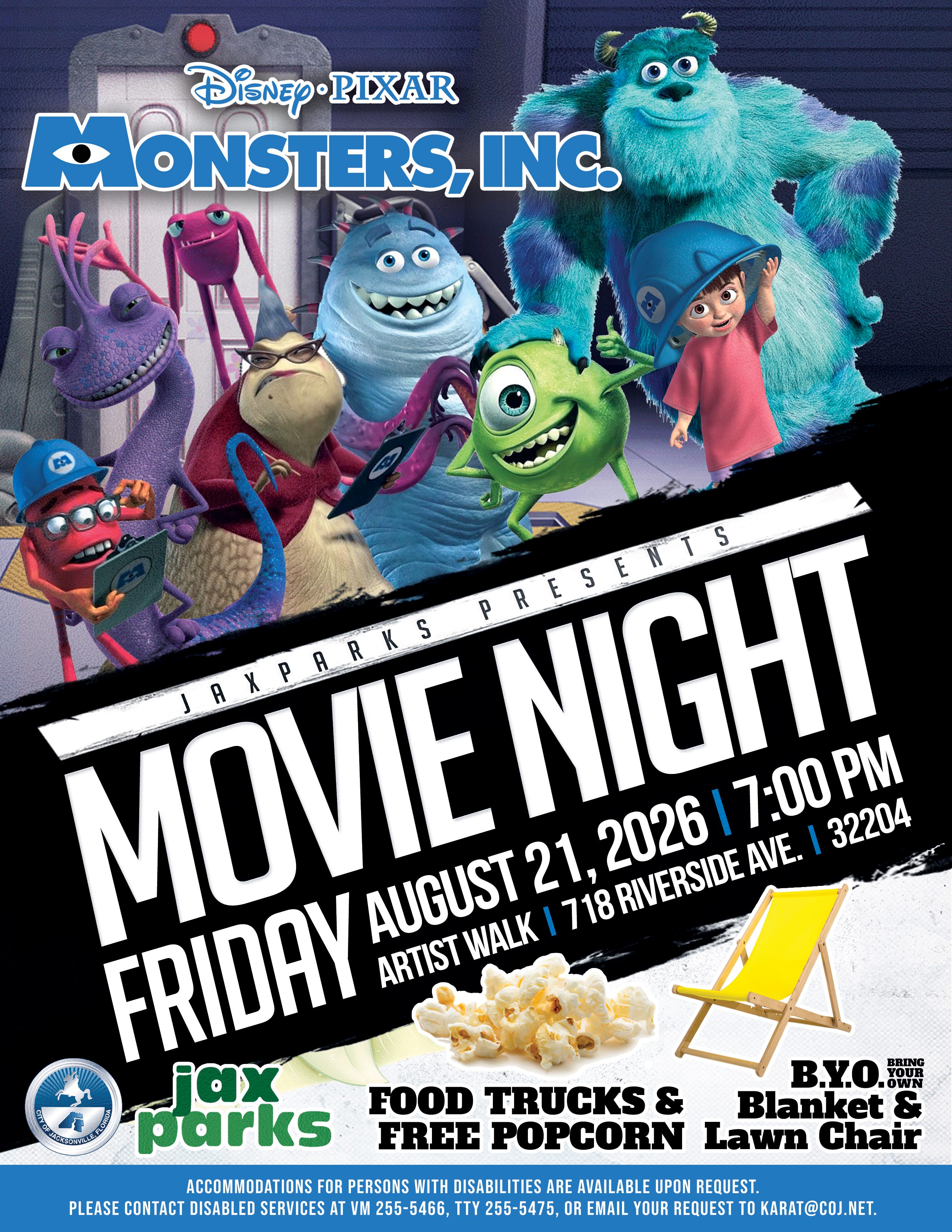 colorful animated monsters gathered with smiling faces and a little animated person.