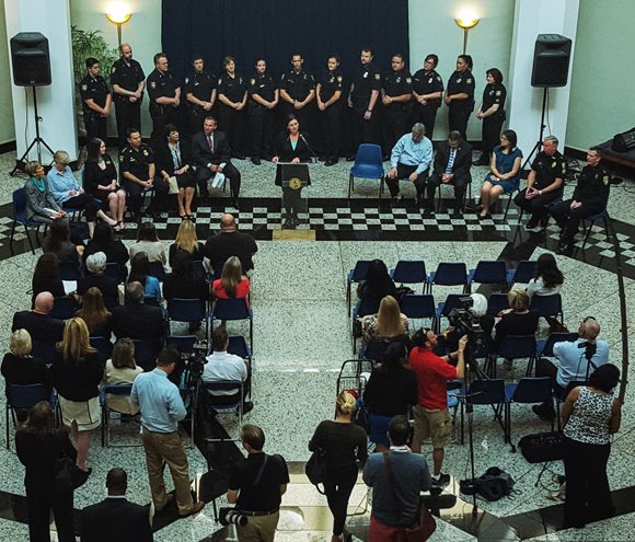 The Sexual Assault Awareness news conference was held in the atrium of City Hall on April 5, 2016