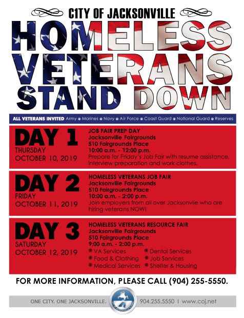 The annual Homeless Veterans Stand Down is being held October 10, 2019 – October 12, 2019. This three day event consists of a Job Fair Preparation Day, Veterans Job Fair, and Homeless Veterans Stand Down.