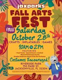 Fall colors, orange, burgundy green and browns Jaxparks Fall Arts Fest flyer