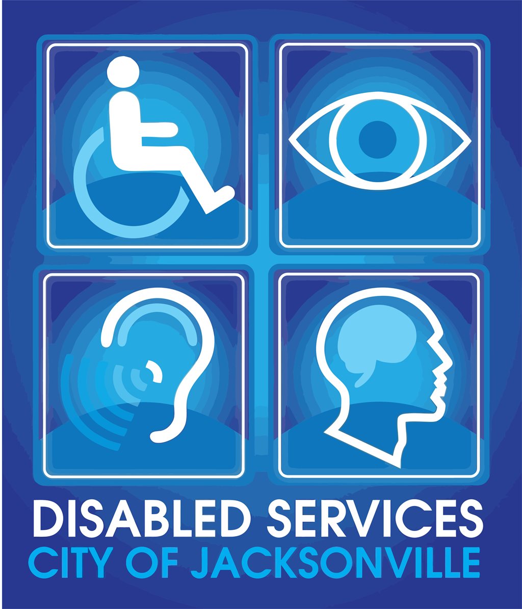 City of Jacksonville Disabled Services Logo featuring icons of wheelchair, eye, ear and brain