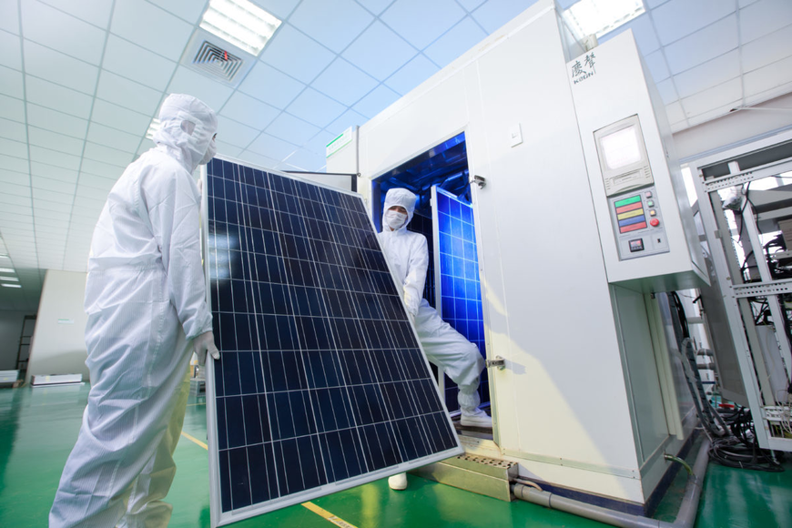 jinko solar employees transporting a solar panel