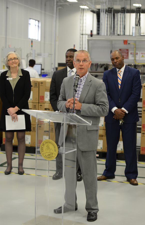 April 14, 2015 photo of Council Member Doyle Carter addressing the audience at the release of a regional export plan.