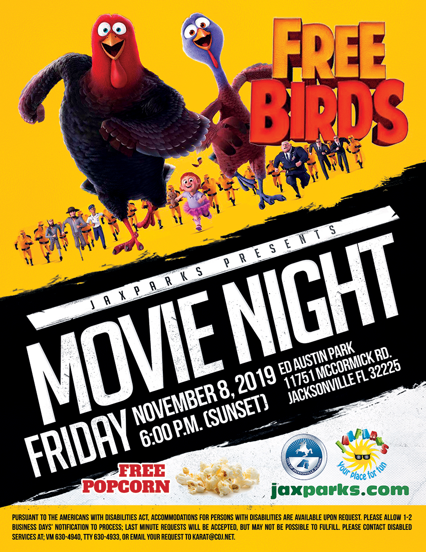 JaxParks Movie Night Flyer for Free Birds Postponed