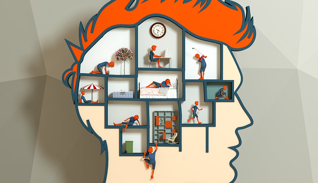 Head of man with different physical activities to boost brain health