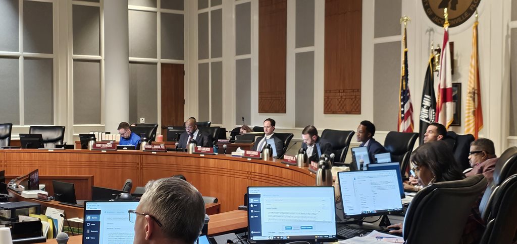 Members of the Land Use & Zoning Committee listen to Oceanway constituents speak during public comment.