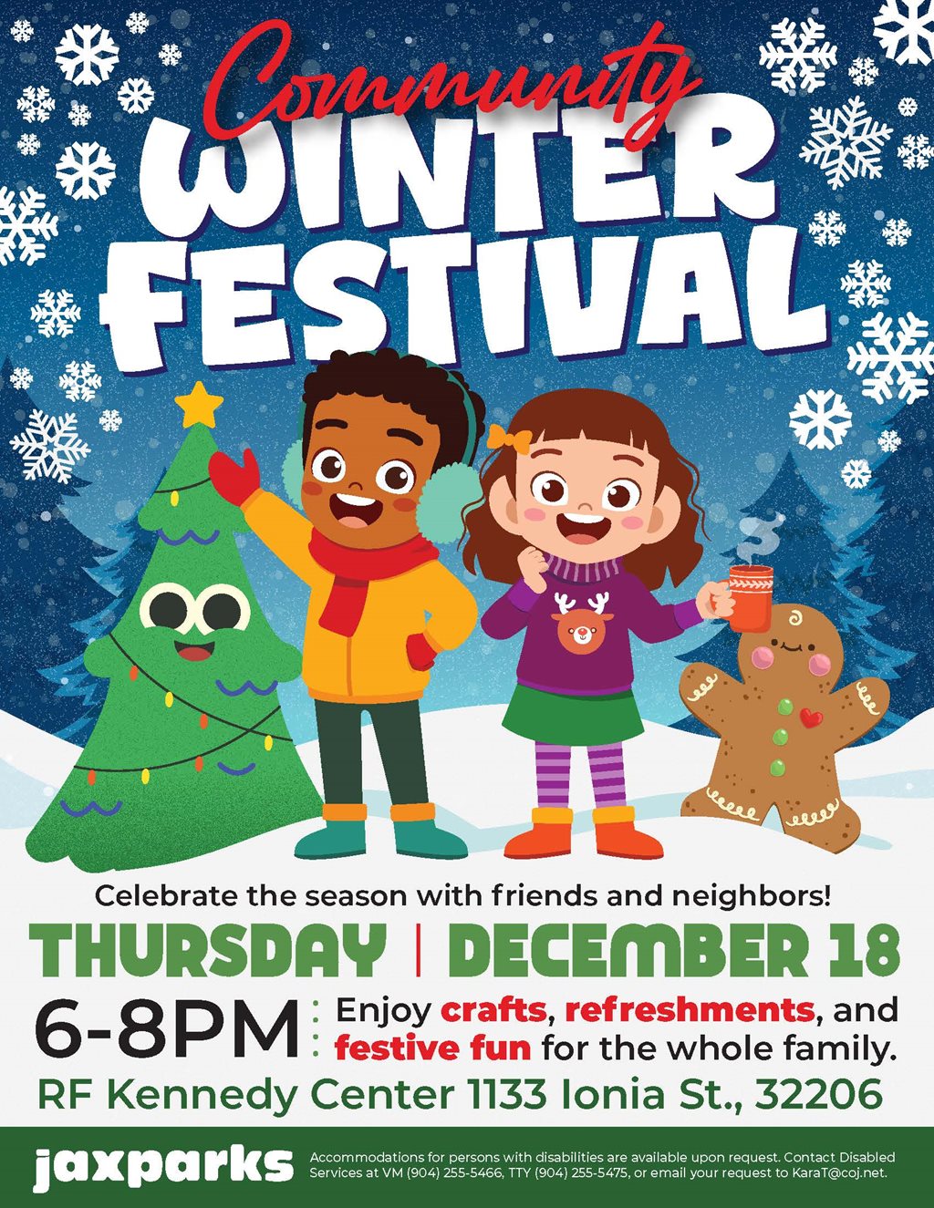 blue sky with snowflakes, caracuture Christmas tree and kids