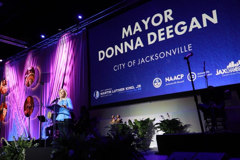 Mayor Deegan giving speech at MLK breakfast