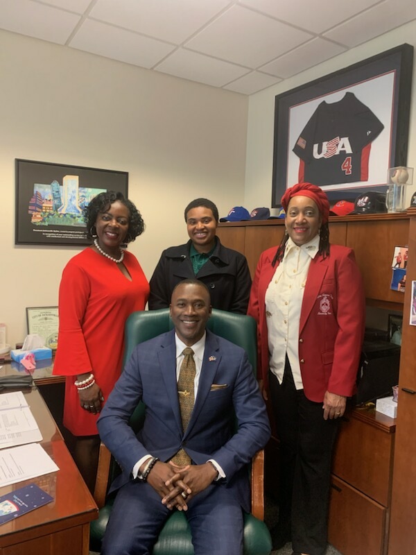 Shirley Saulsey, D. Angel Edwards and Inga Pinnix and seated Council Member Terrance Freeman