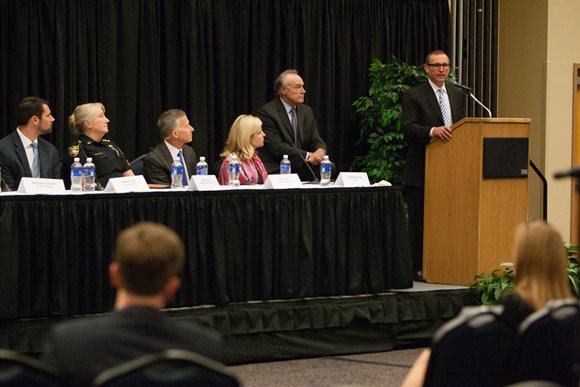 Mayor Curry speaking at his second Community Conversation on public safety. 