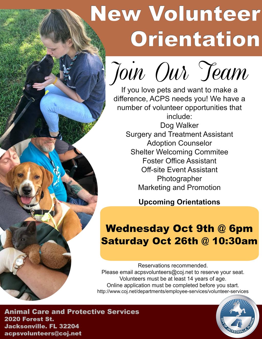 New Volunteer Orientation flier with Volunteers with Dogs and Cats
