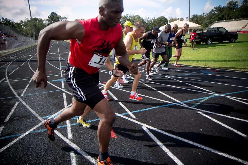 men lined ready to start track and field race