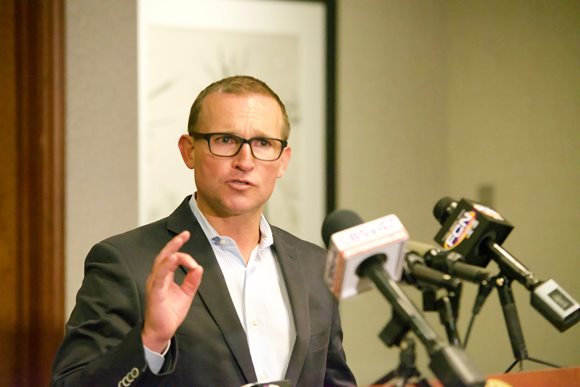Mayor Lenny Curry addressing the media at City Hall following the Governor's approval of his pension plan - March 25, 2016