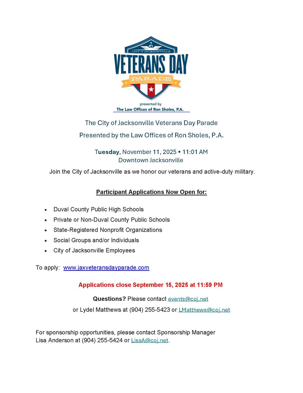 DEADLINE FOR PARADE APPLICATIONS TODAY