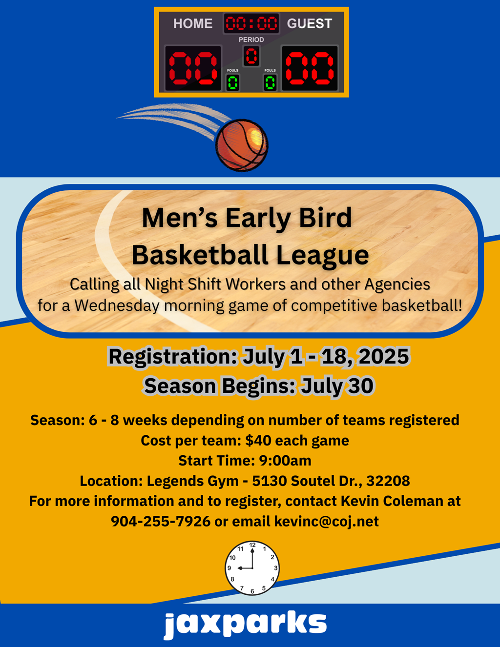 basketball goal on orange and blue flyer