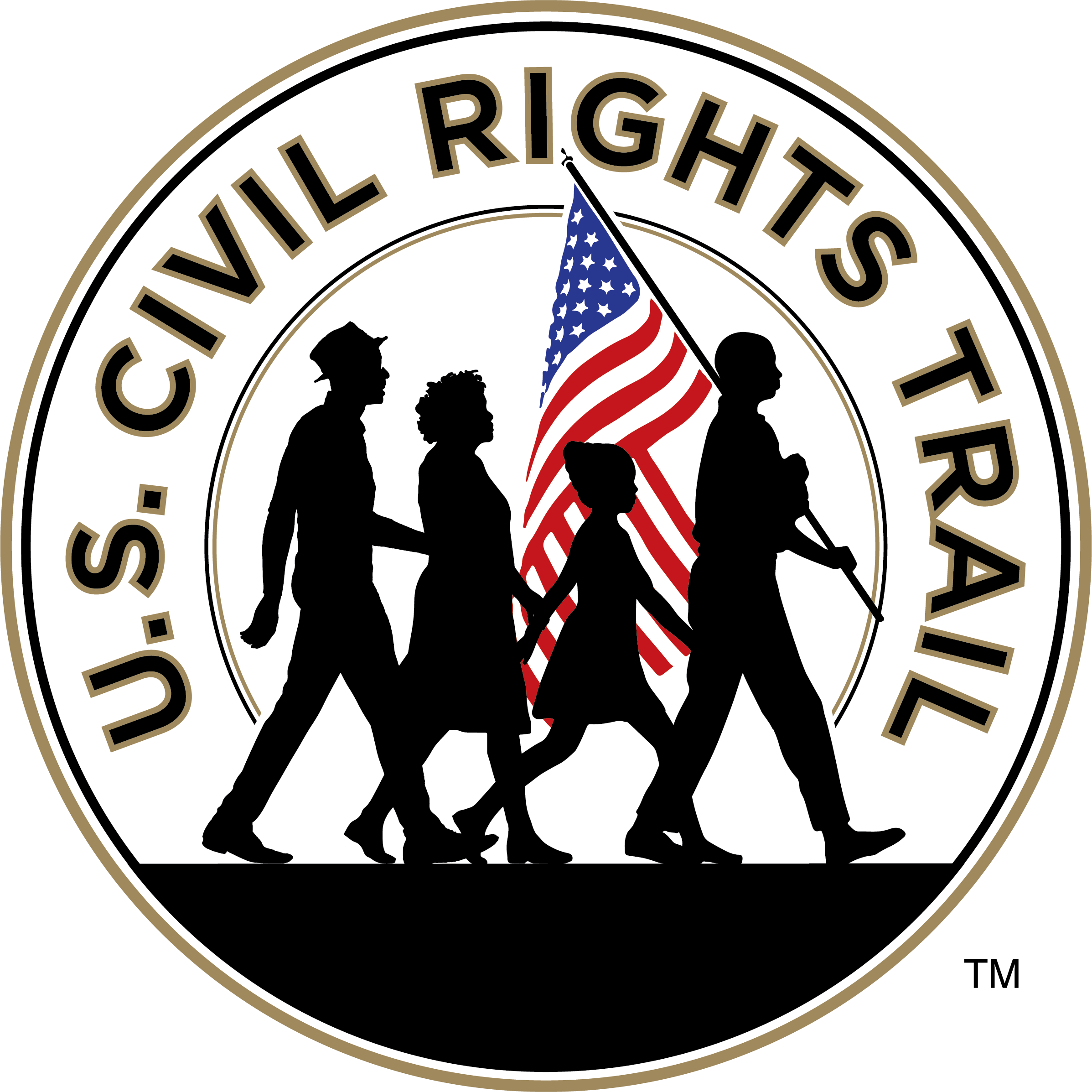 Civil Righst Trail Logo with silhouettes of people walking with US flag