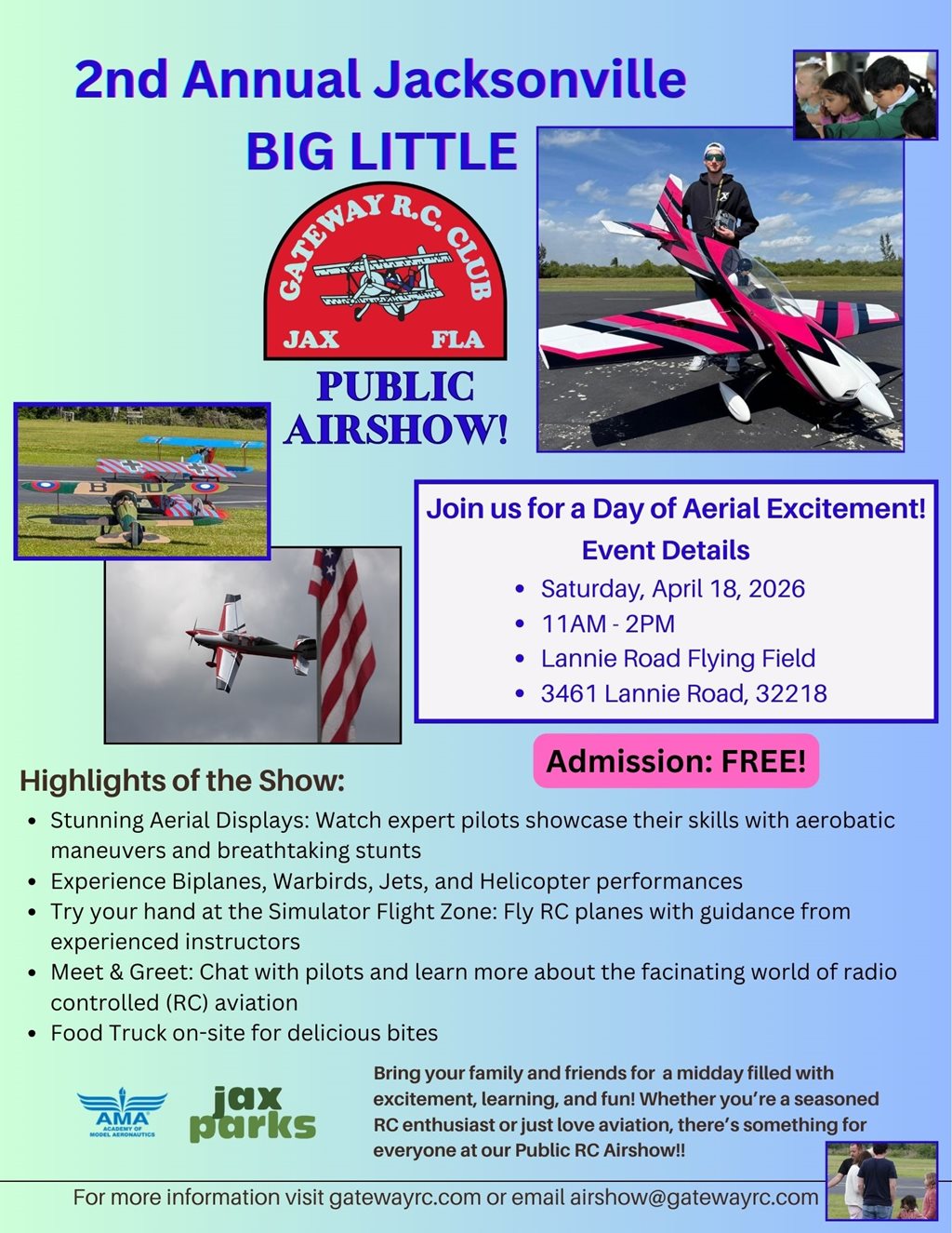 blue background three remote controlled airplanes and adults and kids spectating airshow