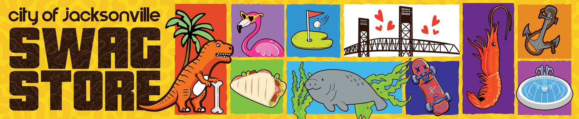 City Swag Store header with cartoon graphics of florida icons