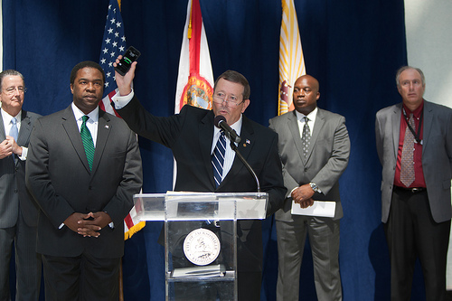 Photo of Council Member Jim Love addressing the audience at the new conference to announce LambdaRail will be the City's new internet provider.  Click to read more about this event.