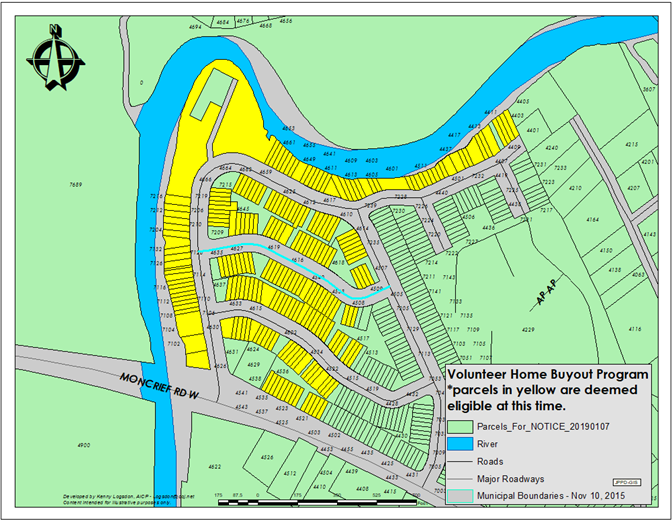 A map showing eligible parcels for the Voluntary Home Buyout Program