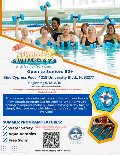 Poster featuring women in a swimming pool with water fitness equipment. The text reads "Summer Swim Days with Senior Services"