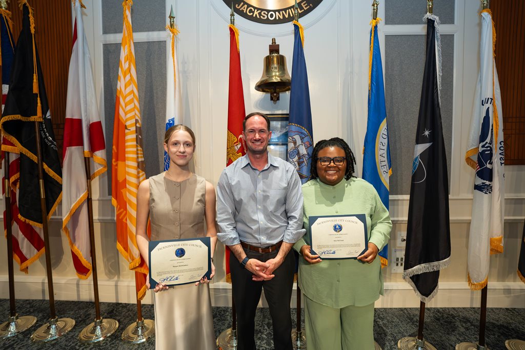 Page Program participant Harper Bell-Kimbro, CM Joe Carlucci and Page Program participant Alon McCloud on March 3, 2026, at the LUZ Committee meeting.
