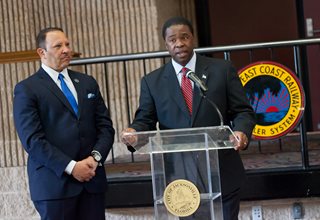 Urban League President Marc Morial and Mayor Alvin Brown at a media availability following the Martin Luther King Jr. Breakfast on Jan. 16, 2015