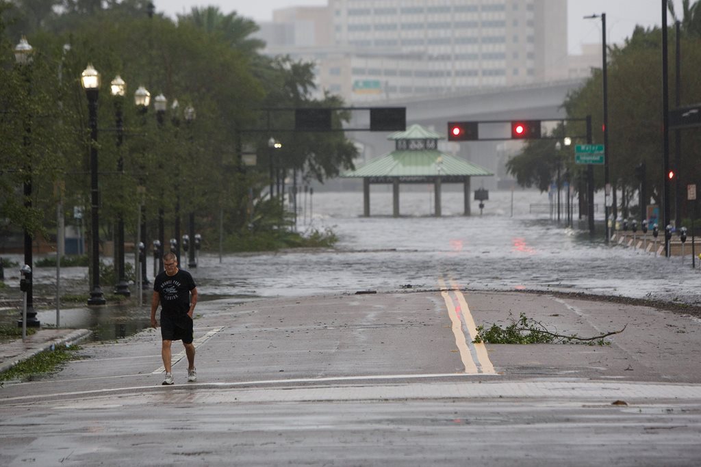 A view down Hogan Street in downtown Jacksonville during Hurricane Irma, Sept. 2017.