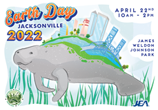 earth day jacksonville 2022 flyer with manatee and skyline drawing