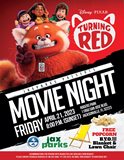Red, black and white flyer with big red panda and three animated kids