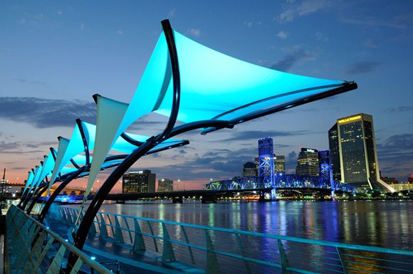 A view of downtown Jacksonville from the Southbank Riverwalk.