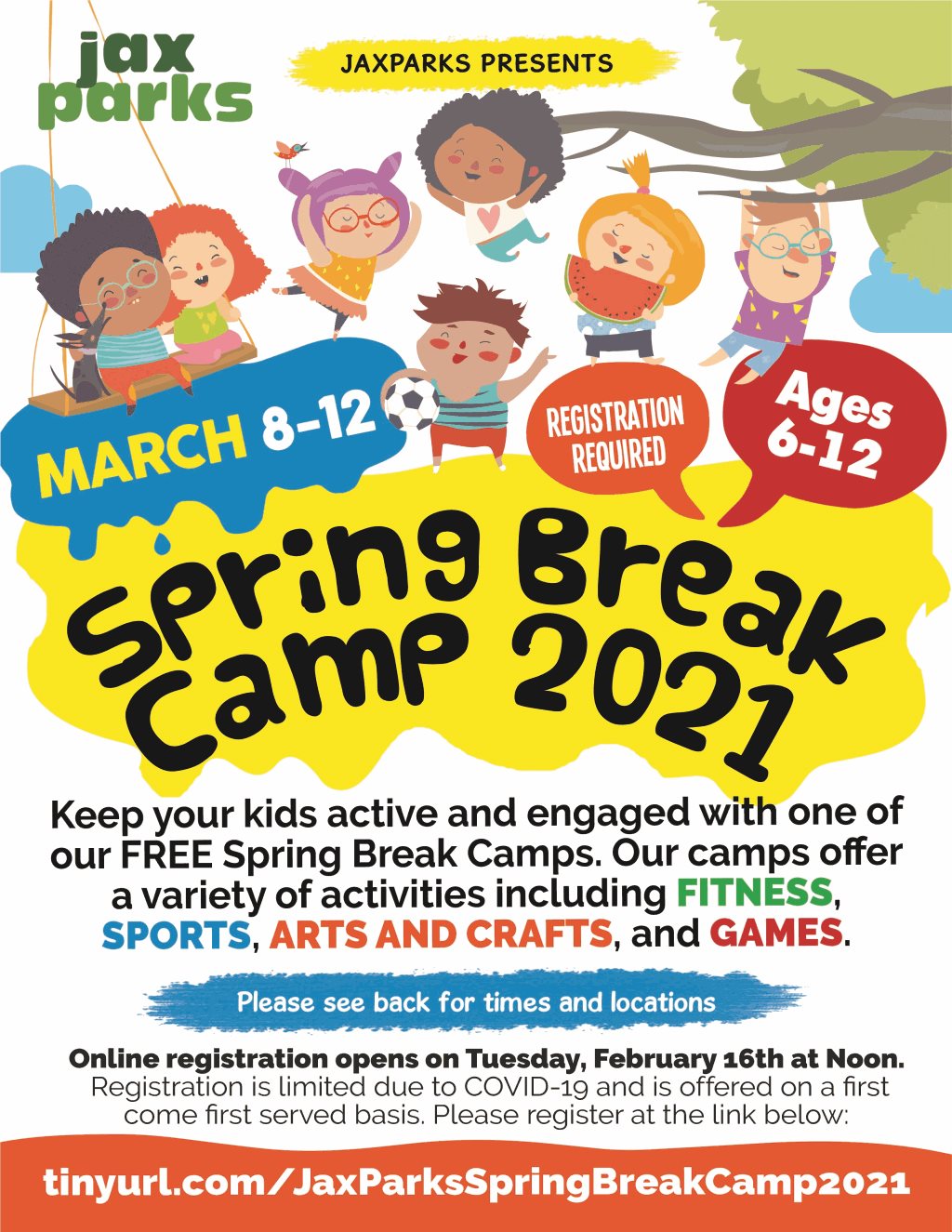 A cartoon illustration of a diverse group of children smiling with information on the Spring Break Camp.