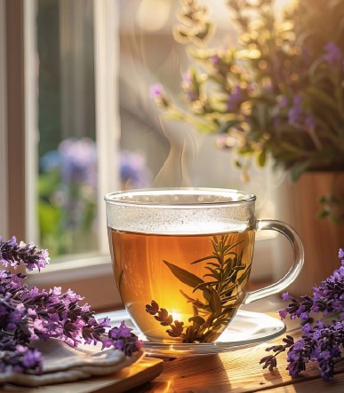 Lavender flowers with cup of chamomile tea