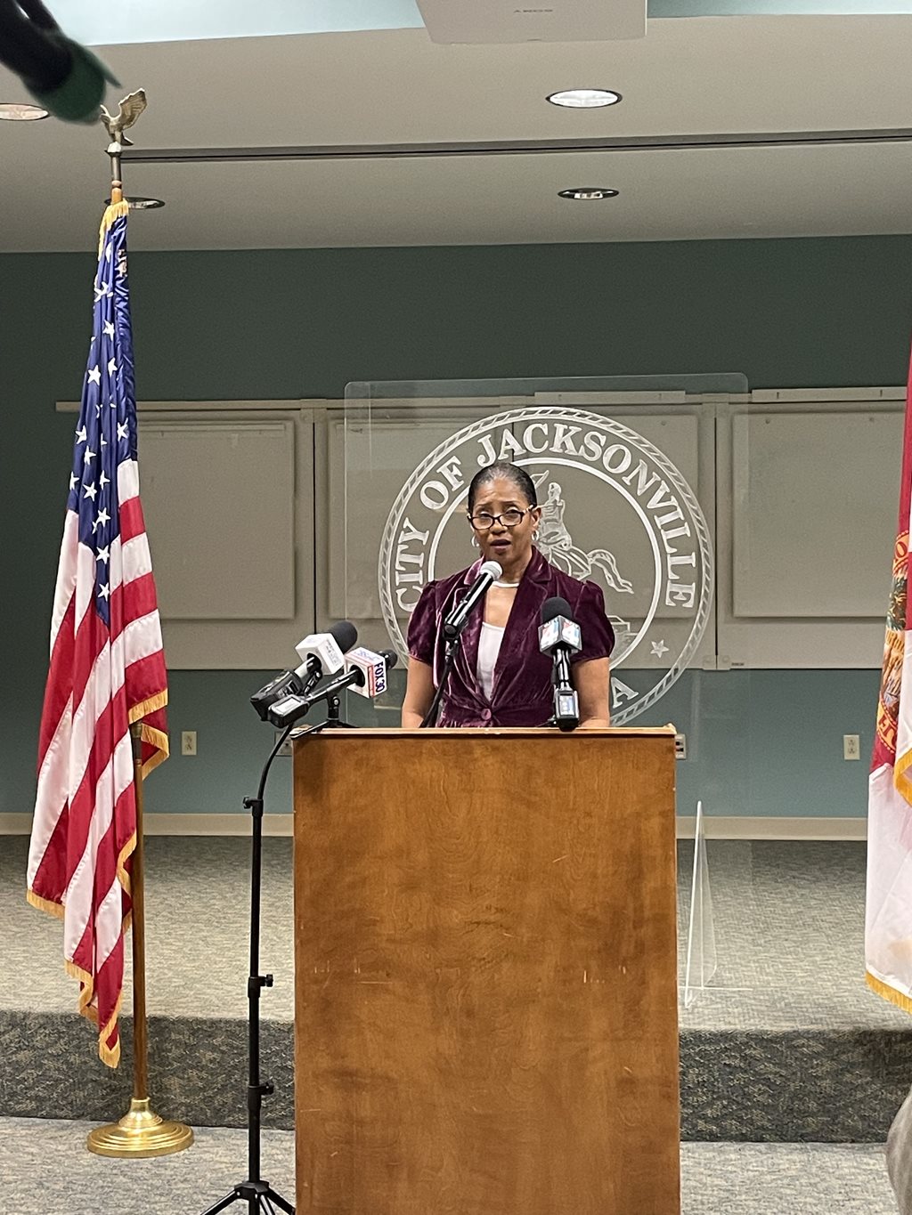 CM Clark-Murray speaking at the press conference. 