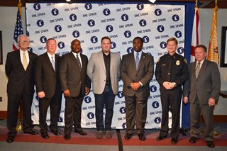 From left: City Council President Bill Gulliford, Emergency Preparedness Director Steven Woodard, JTA Executive Director Nat Ford, One SPark Executive Director Joe Sampson, Mayor Alvin Brown, Assistant Chief Leonard Propper, and Council Member Don Redman