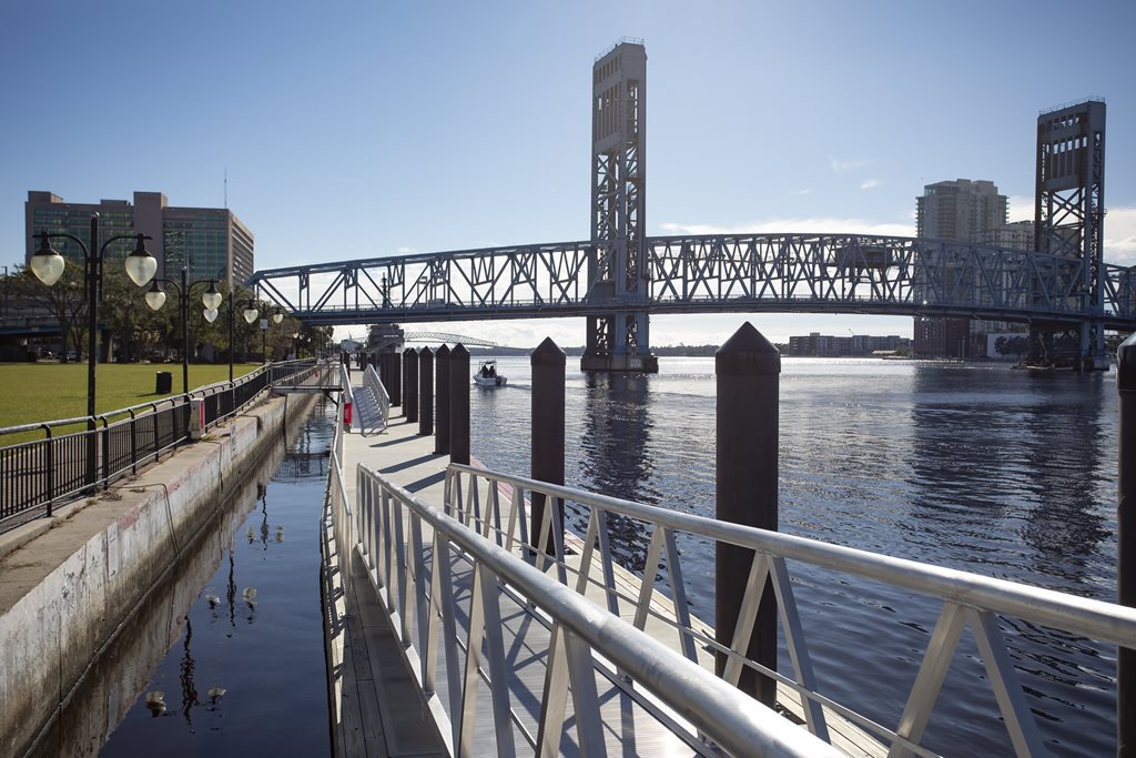 view of north bank river walk with st. johns river and main street bridge