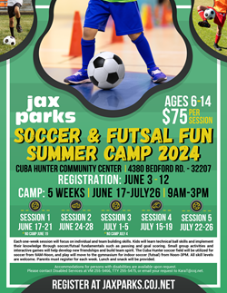 soccer camp flyer with photos of children kicking soccer balls