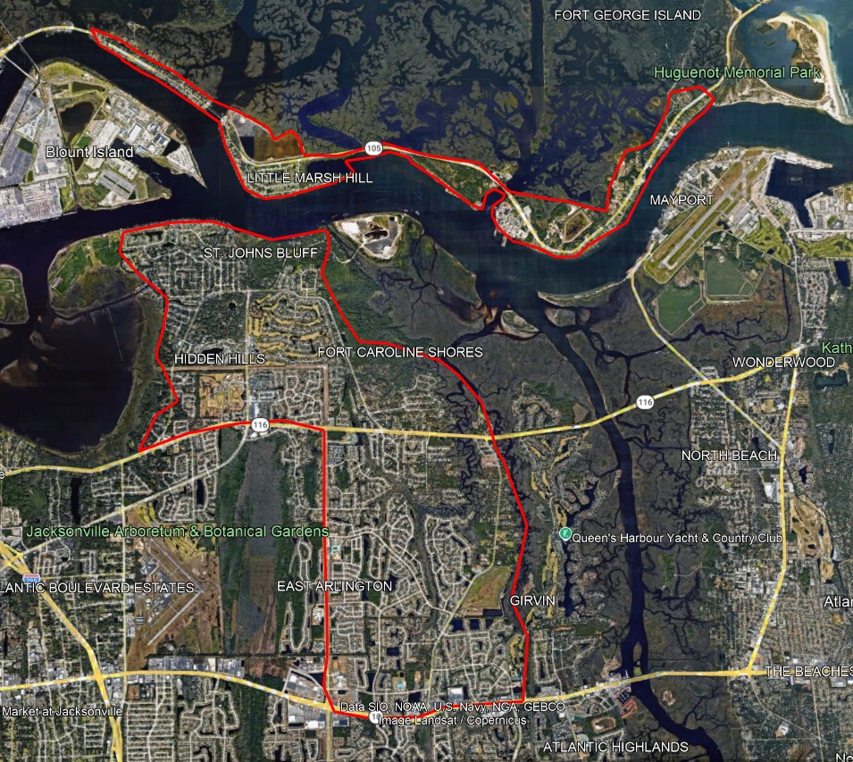 Little-Marsh-Extended.jpg This area extends along the Heckscher from Blount Island to Huguenot Park, and then across (but not including) the St Johns River down West of the Intercoastal Waterway to Atlantic blvd to the Hidden Hills and East Arlington neighborhoods