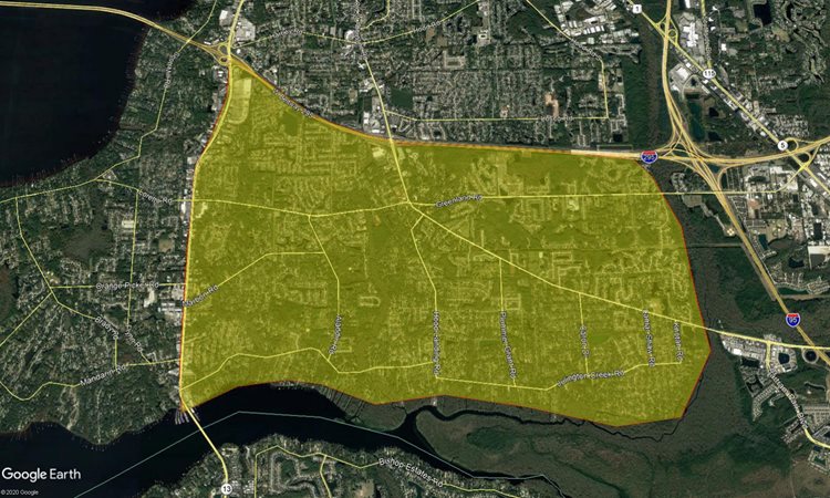 Proposed treatment area south of the 295 loop and extending east from San Jose blvd to the I-95