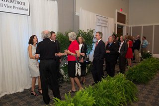 Photo of Vice President and Mrs. Anderson greeting guests at the reception held in the Conference Hall at the Main Library following the installaton ceremony.