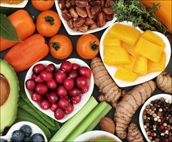 Fruits and vegetables laid out on a table