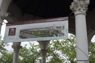 Photo of the Balis Park renovation banner hanging in the Balis Park gazebo.