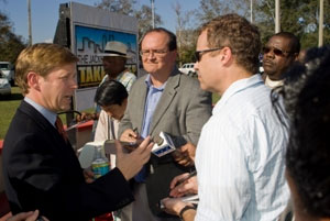 Mayor John Peyton talks with reporters following Jacksonville Journey announcement.