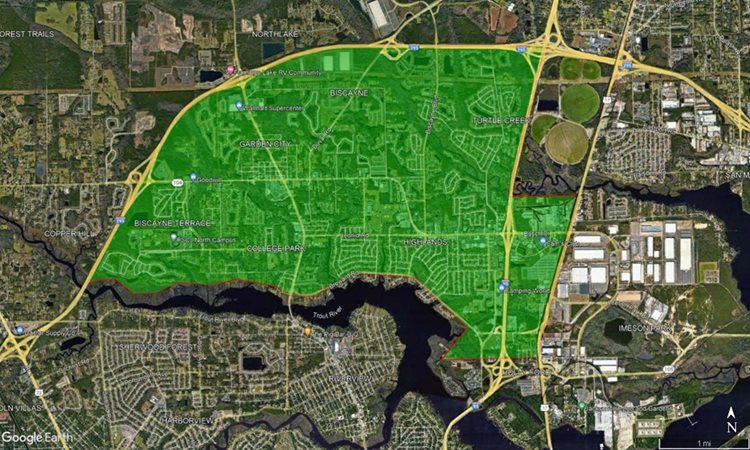 An area defined by the curve of the I-295, Trout River, and the I-95 including the Highlands and Garden City neighborhoods